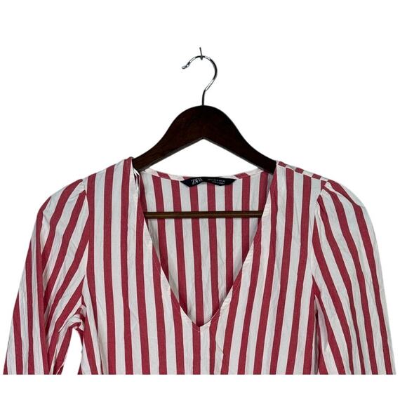 Zara striped Long Sleeve Peplum Fitted Bodice Lightweight Blouse S Red White - Picture 3 of 15